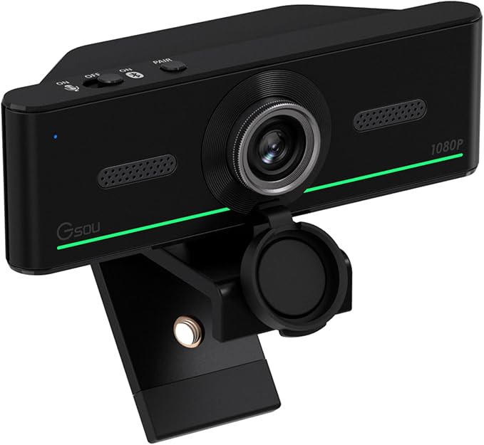 Gsou 1080P Webcam with Mics, Auto Light Correction, USB Plug&Play, Privacy Cover, Computer Webcam Connect Bluetooth Headset/Earphone/Speaker, Full HD for Business Meetings & Live Streaming