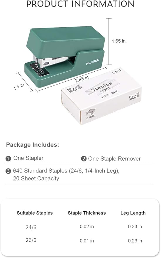NUSIGN Mini Stapler, 20 Sheet Capacity, Office Desktop Stapler Green, Includes 640 Standard Staples and A Staple Remover