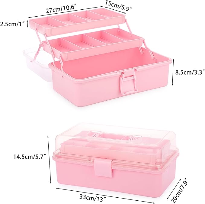BTSKY 3-Layer Plastic Dividing Storage Box Craft Organizer and Storage with Adjustable Spacers Portable Handled Art Supply Organizer Multipurpose Home Utility Box Organizer (Pink)