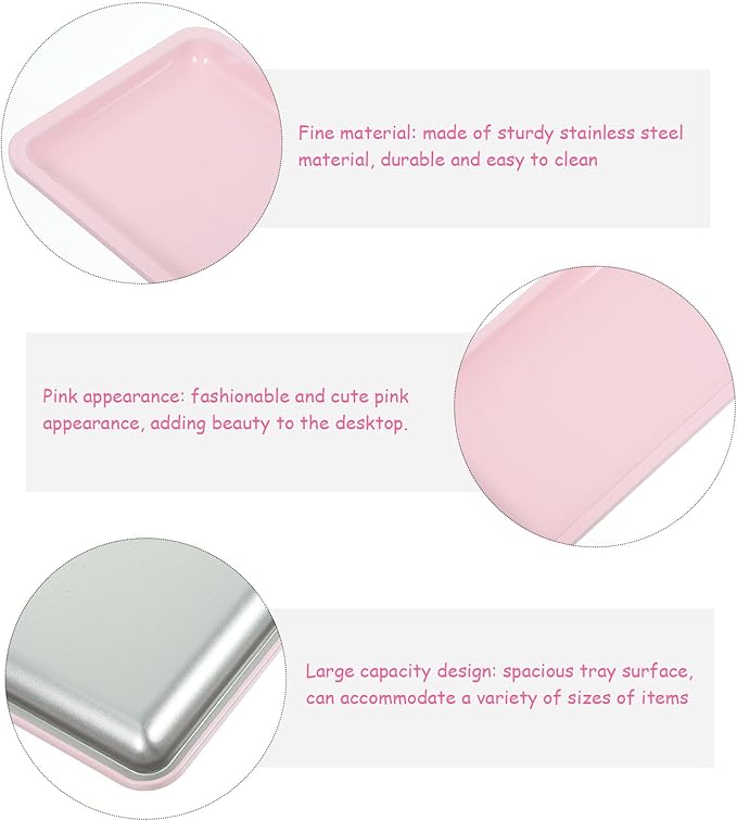 Stainless Steel Jewelry Storage Tray with Four Support Feet Stable and Spacious Trinket Plate Organizer for Nail Tools and Small Accessories Pink Decorative Catchall for Desktop