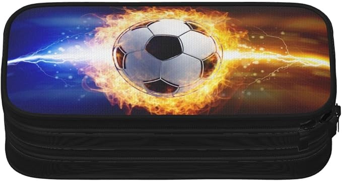 Kids Pencil Case for Boys, Large Capacity Pencil Box Storage Pen Bag with Zippers, Sports-Themed Black Pencil Pouch Stationery Case Printed Soccer Pattern for Office School