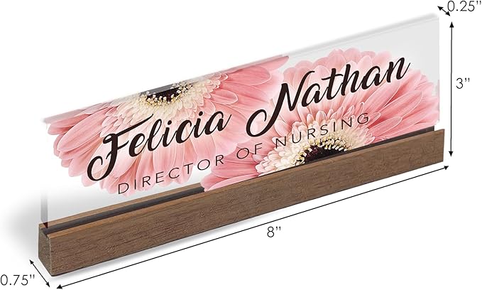 Artblox Personalized Office Desk Name Plate and Business Card Holder | Clear Acrylic Glass with Teak Wood Stand | Pink Daises Design Customized with Your Name and Credentials Office Desk Decor