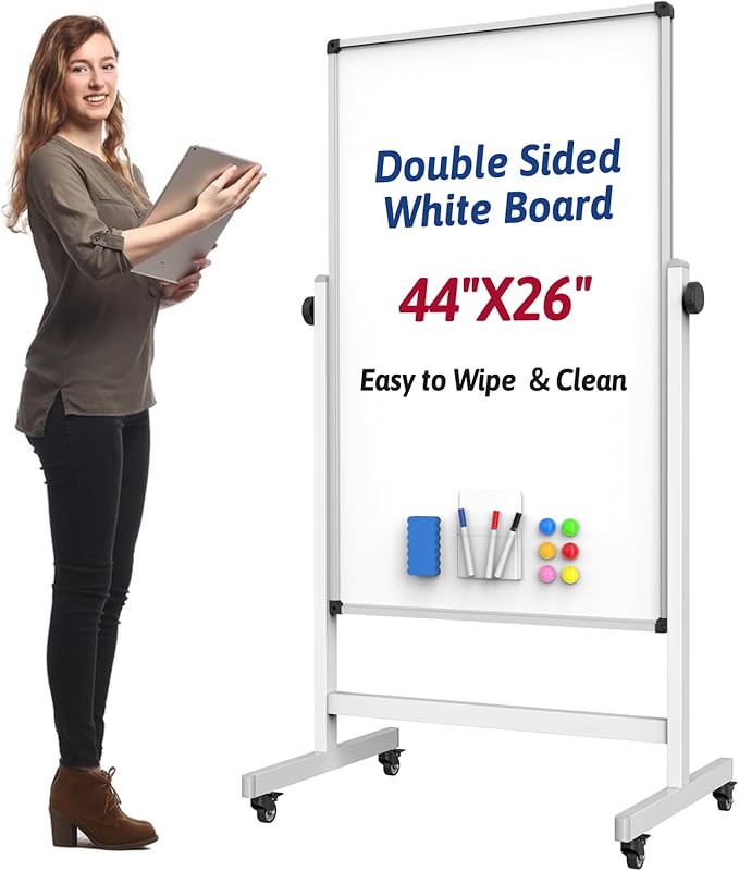 Rolling Whiteboard, 44 x 26 Double Sided Magnetic Dry Erase Board Height Adjustable Whiteboard on Wheels with Sturdy Aluminum Frame for Home Office Classroom