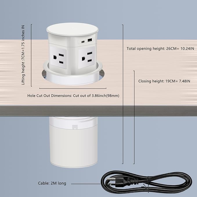 Pop Up Outlet 15W Wireless Charger,with 4 Outlets 1875W USB-C PD20W Super Charging 6.5FT 16AWG Cable 3.86 inch Desk Hole Pop Up Power Outlet for Kitchen Countertop,Office Conference Table (White)