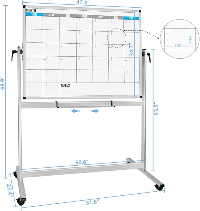 XBoard Magnetic Mobile Whiteboard, Double Sided Magnetic Dry Erase White Board on Wheels, Large Portable Easel with Stand and Aluminium Frame for Home School Office (Calendar 48x36-Inch)