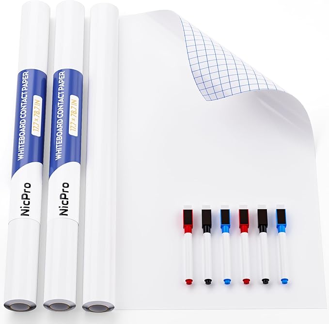 Nicpro 2 Pack Dry Erase Whiteboard Sticker Wall Decal, 17.7" X 78.7"(6.5 ft) Self-Adhesive White Board Peel Stick Paper to Do List with 6PCS Water-Based Pens for School, Office, Home, Kids Drawing