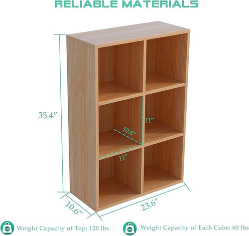 6-Cube Storage Shelf Bookcase - Wooden 3-Tier Floor Standing Open Bookshelf for Home and Office, Display Cabinet, Oak