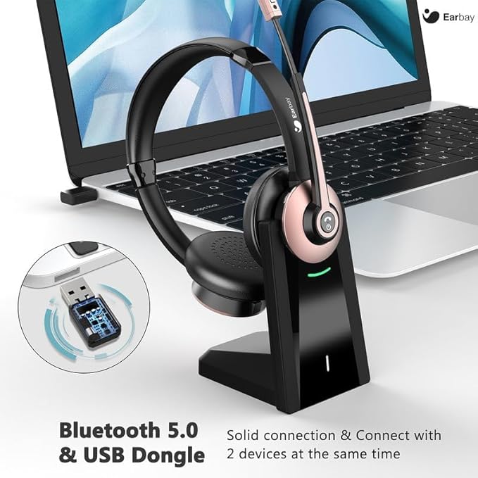 Earbay Wireless Headset - Bluetooth Headphones with Microphone Noise Canceling & Mute, Bluetooth Headset with USB Dongle/Charge Dock for PC Computer Cell Phone Work Office Meetings Call Teams