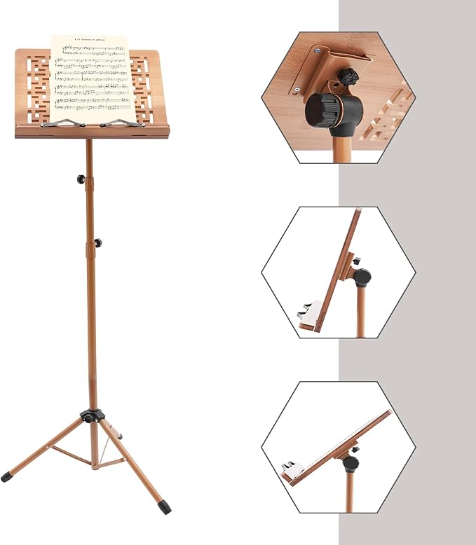 Sheet Music Stand & Desktop Book Stand, Rotatable Music Book Holder Stand,Wooden Portable Sheet Music Table Stand Height Adjustable from 27.5-70.8in with Book Stand Support,Foldable Tripod