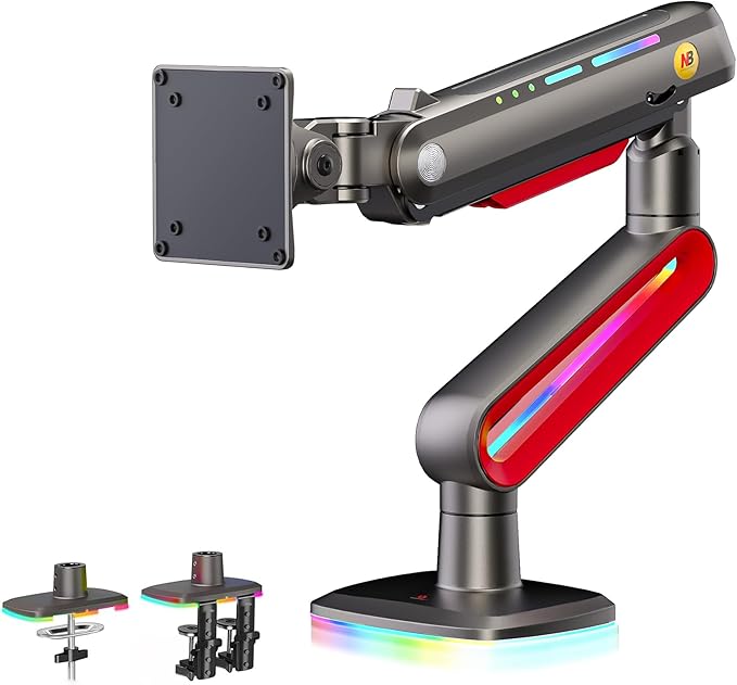 NB Designer Gaming Monitor Arm for 32 to 60 Inches Screen, Load up to 20 kg, VESA 75/100, RGB-Light, Heavy Duty, Multi Angle Adjustable, Premium Aluminum, Long Arm Extension Red