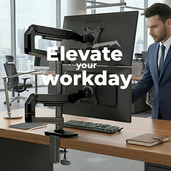 Dual Monitor Mount, Holds Screens up to 40 Inches and 25 lbs, Fully Adjustable Dual Monitor Arm with C-Clamp and Grommet Base, Aluminum, Black