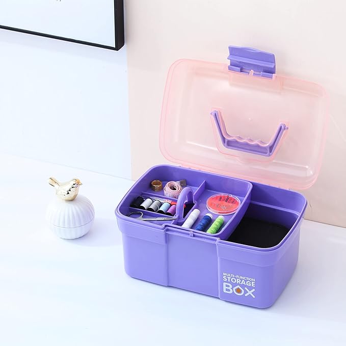 11'' Plastic Box Organizer with Removable Tray, Sewing Box Organizer (Purple)