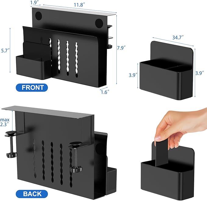 HAMOPY Desk Side Storage, Single-Layer Steel Hanging Desk Organizer with Magnetic Pen Holder, No Drilling Desk Drawer Cable Management Tray, Under Table Laptop Holder for Office, School&Home(Black)