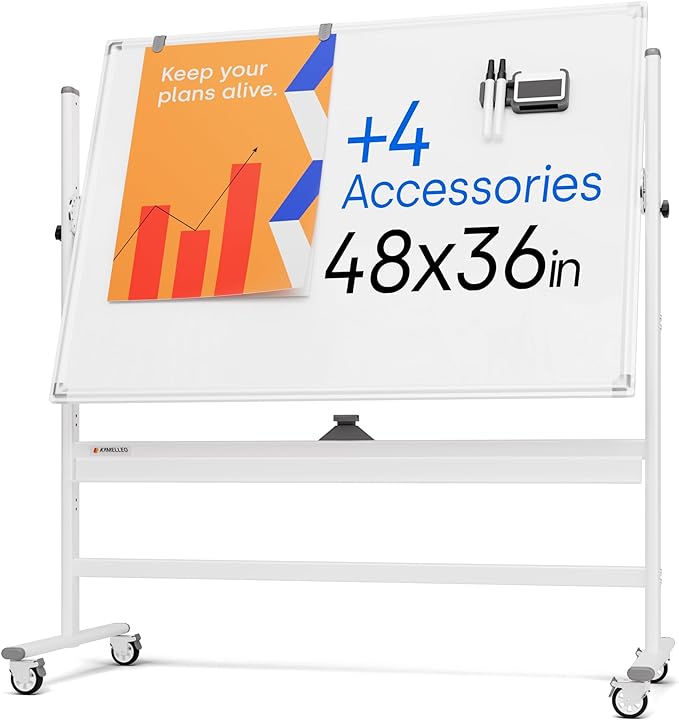 Rolling Dry Erase Board 48 x 36 - Large Portable Magnetic Whiteboard with Stand - Double Sided Easel Style Whiteboard with Wheels - Mobile Standing White Board for Office, Classroom & Home