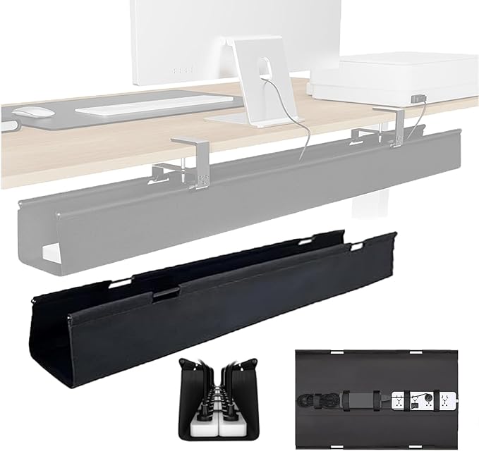 No Drill Under-Desk Cable Management Tray, Desktop Cable Organizer, Fabric Storage Tray, Two Installation Methods, Suitable for Office/Home Use. (13 * 47in)