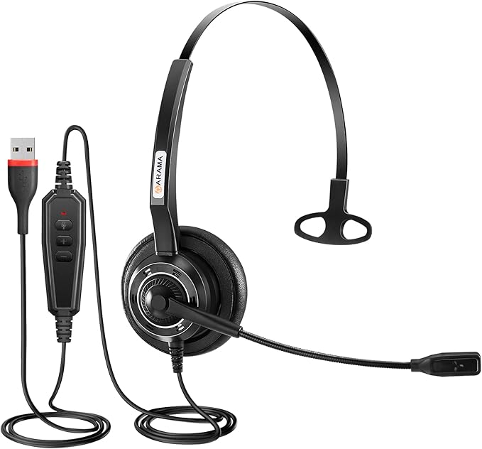 Arama USB Headset with Microphone Noise-Cancelling, Comfort Fit Computer Headset with Microphone for PC Laptop Mac Skype Zoom UC Webinar Business Call Center Home Office (Black-Monaural)