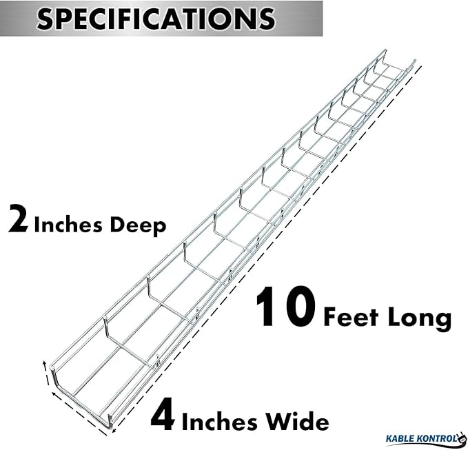 Kable Kontrol Stainless Steel Cable Tray Bulk Pack – 10 Pcs - 10 Feet Long - 4" W, 2” D – Wire Mesh Tray Cable Management Rack Cords Organizer Cable Basket, NEC Approved for Network, Fiber Optic