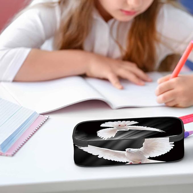 White Dove Pencil Bag Peace Love Sunshine Black Big Capacity Pencil Case Pencil Pouch Pen Bag School Students Boy Girl