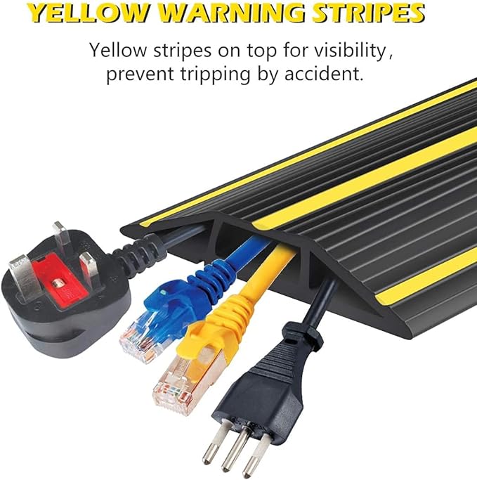 10Ft Cord Covers for Wires on Floor, 3-Channel Floor Cord Cover with Anti-Slip Base & Yellow Warning Strips, Extension Cord Covers for Floor, Ideal for Home, Office, Outdoor Use