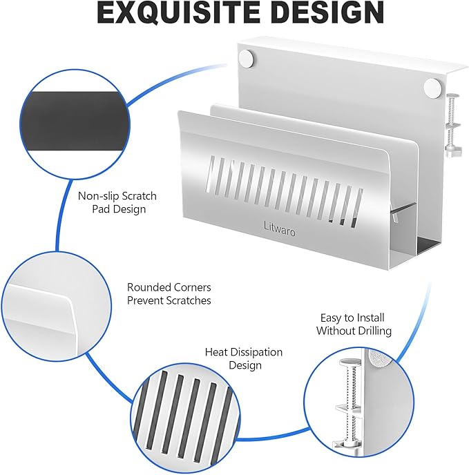 Litwaro Desk Side Storage Organizer, 2 Tier Under Desk Laptop Holder No Drill, Laptop Mount with Magnetic Pen Holder, Hanging Desk Organizer Fits Flat Edge Desks 0.4" to 2.1" (White)