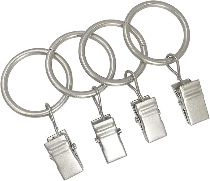 AMZSEVEN 100 Pack Metal Curtain Rings with Clips, Drapery Clips with Rings, Drapes Rings 1 inch Inner Diameter, Fits Diameter 5/8 inch Curtain Rods, Matte Silver