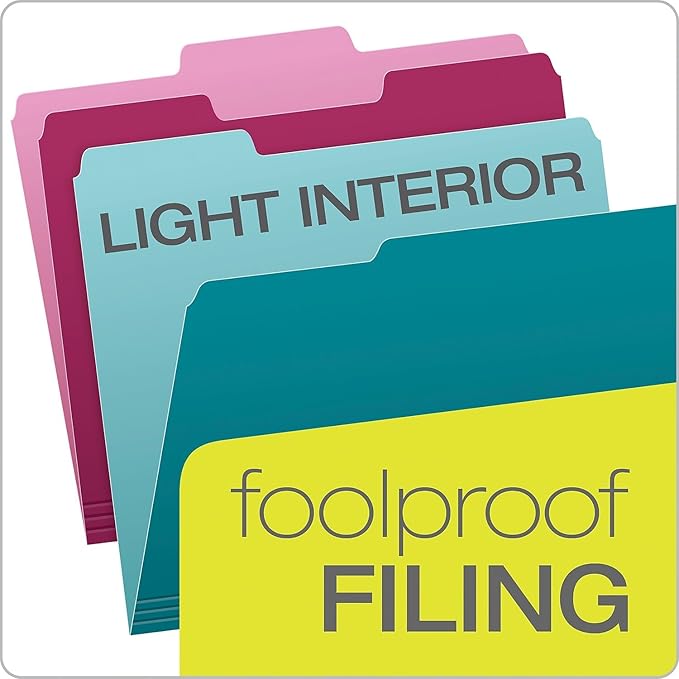 Pendaflex Two Tone Color File Folders, Letter Size, Assorted Colors (Teal, Violet, Gray, Navy and Burgundy), 1/3-Cut Tabs, 5 Color, 100/Box, (02315)