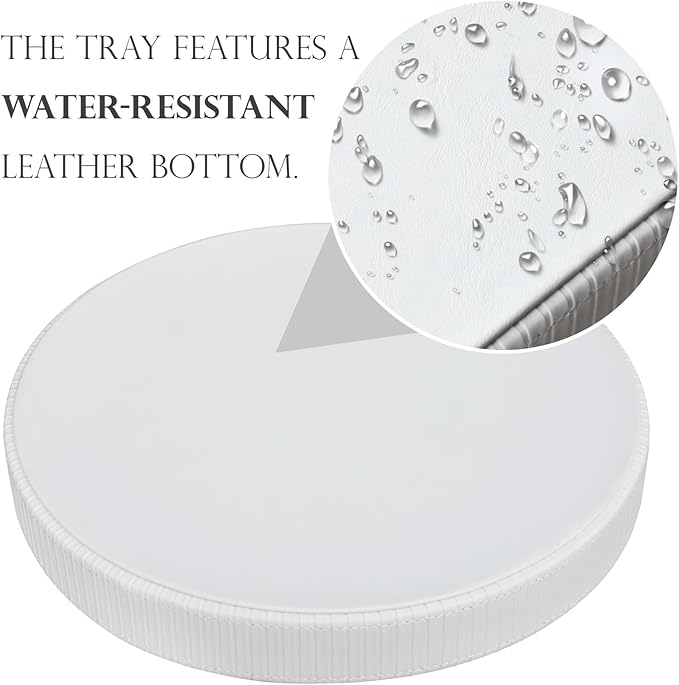 HofferRuffer Round Decorative Tray, Faux Leather Vanity Tray Decor, Decorative Catchall for Perfume, Bathroom Valet, Nightstand or Dresser, 12 x 12 x 1.6 inches (White Stripe)