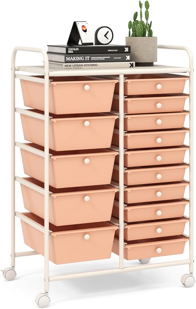 LDAILY 15 Drawer Rolling Storage Cart, Rolling Cart with Drawers for Classroom, Art Supply Craft Organizer on Wheel with Metal Frame & Handles for Home Office School