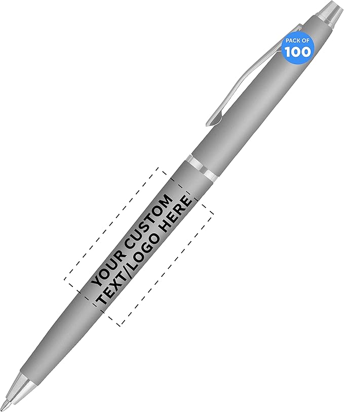 DISCOUNT PROMOS Custom Langham Ballpoint Pens Set of 100, Personalized Bulk Pack - Black Ink, Great for Office, School, Business, Tradeshows - Silver