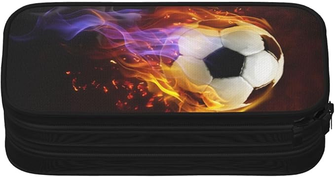 Kids Boys Pencil Case Large Capacity Pencil Box Storage Pen Bag with Zippers, Sports Black Pencil Pouch Stationery Case with Fire Soccer Printed for Office School