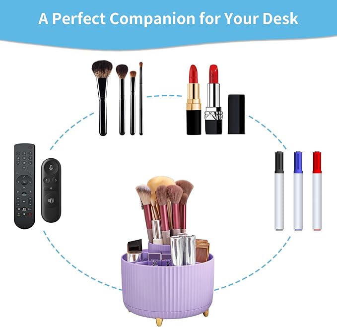 Marbrasse Desk Organizer, 360-Degree Rotating Pen Holder, Desk Organizers and Accessories with 5 Compartments Pencil Holder, Art Supply Storage Box Caddy for Office, Home（Purple）