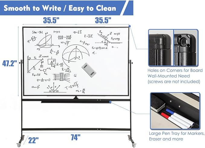 Large Magnetic Mobile Whiteboard 72"x48", Rolling Double Sided Stand Whiteboard on Wheels, Reversible Adjustable Height/Angle Dry Erase Board 6' x 4' Easel White Board for Office Classroom, Black