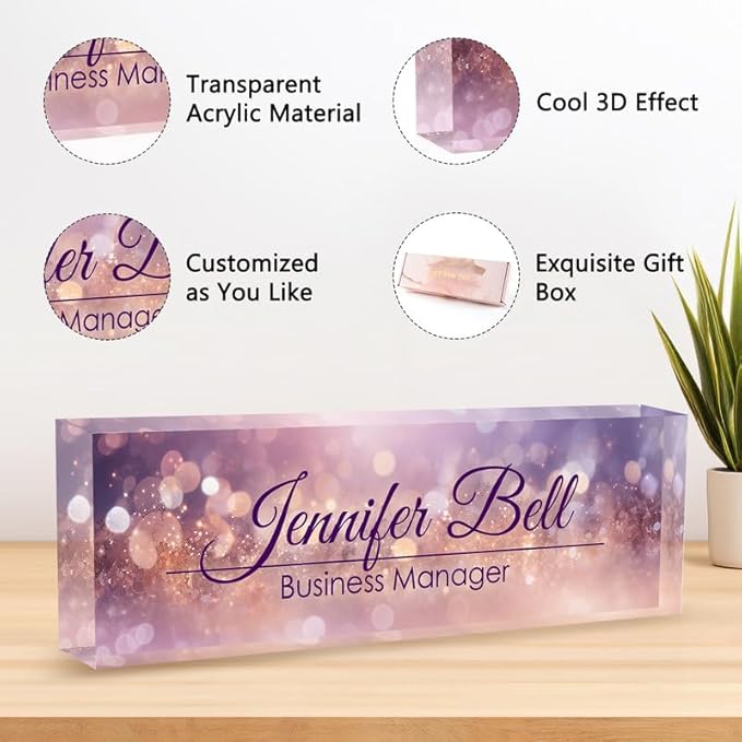Desk Name Plate Personalized Name Plate for Desk, Office Desk Decor, 3D Style Personalized Plaque Name Plates for Desks Custom Appreciation Gifts for Boss Lady Employee Coworkers (Blissful Purple)