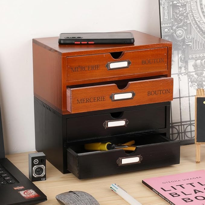 Wooden Storage Box Rustic Desktop Organizer with 2 Drawers Office Desk Accessories Shelf Small Craft Storage Containers Apothecary Cabinet and Chest Jewelry Holder for women(BROWN)