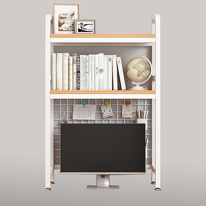 Desk Shelf Bookcase 2-Tier Metal Desktop Bookshelf Hutch with Grid Panel and DIY design possible Multipurpose Storage Organizer Display Rack for Dorm Office Home Computer Desk(White 21.7"×7.9"×38.6")
