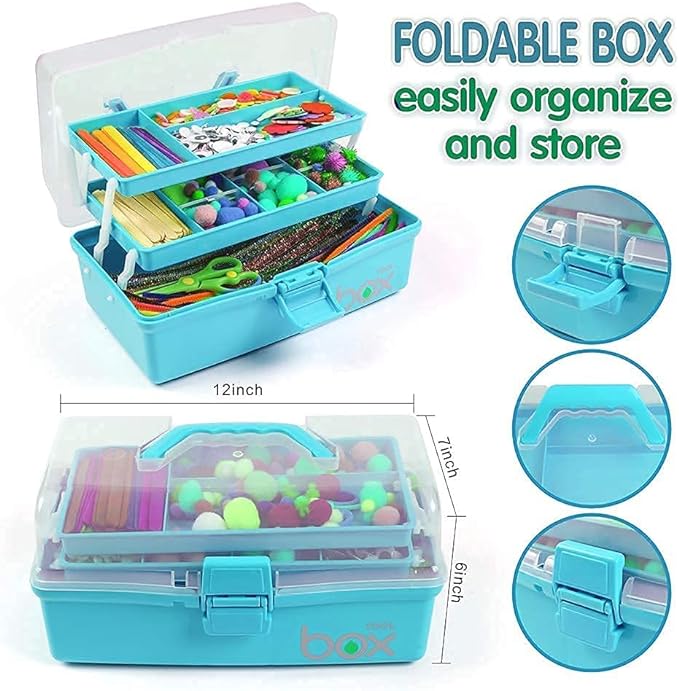 12in 3-Layer Plastic Craft Organizers and Storage, Portable Folding Tackle Box with Handle & Adjustable Dividers, Multipurpose Case for Sewing, Art Supplies, Medicine, Tools (Blue)
