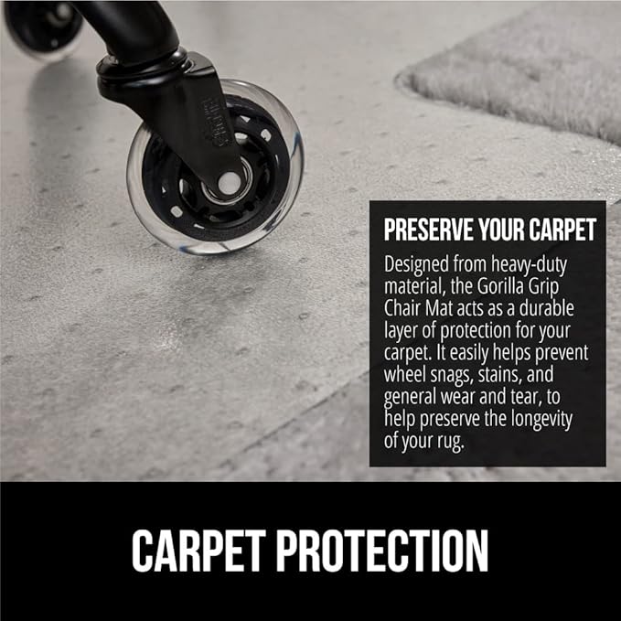 GORILLA GRIP Slip Resistant Office Chair Mat for Carpet Floors, 36x48 Lip Smooth Glide Under Desk Carpeted Floor Protector, Heavy Duty Plastic Computer Mats for Rolling Work and Gaming Chairs, Clear