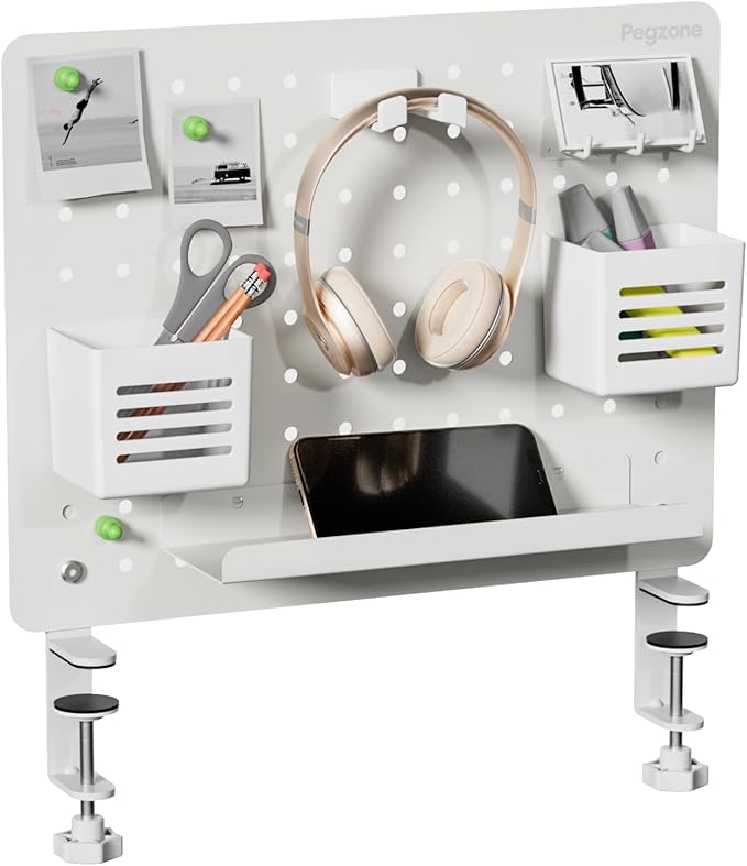 PEGZONE Clamp-on Desk Pegboard, Desk Organizer for Office Gaming Home, Magnetic Metal Peg Board with 10 Accessories, Privacy Panel for Office, 16.5" x 12.6", Medium, White