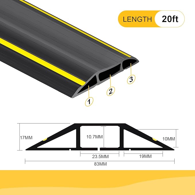 20 Ft Heavy Duty Floor Cord Cover Cable Protector, 3 Channels Protect Cords and Prevent a Trip Hazard— Conceal Wires at Home, Office, Warehouse, Workshop, Concerts