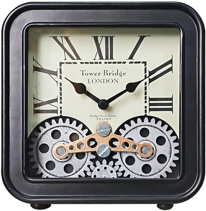 Vintage Desk Clock, 6 inch Metal Table Clocks with Moving Gears, Small Silent Non Ticking Industrial Steampunk Quartz Shelf Clock for Home Office Living Room Desk Decor Battery Operated（black）