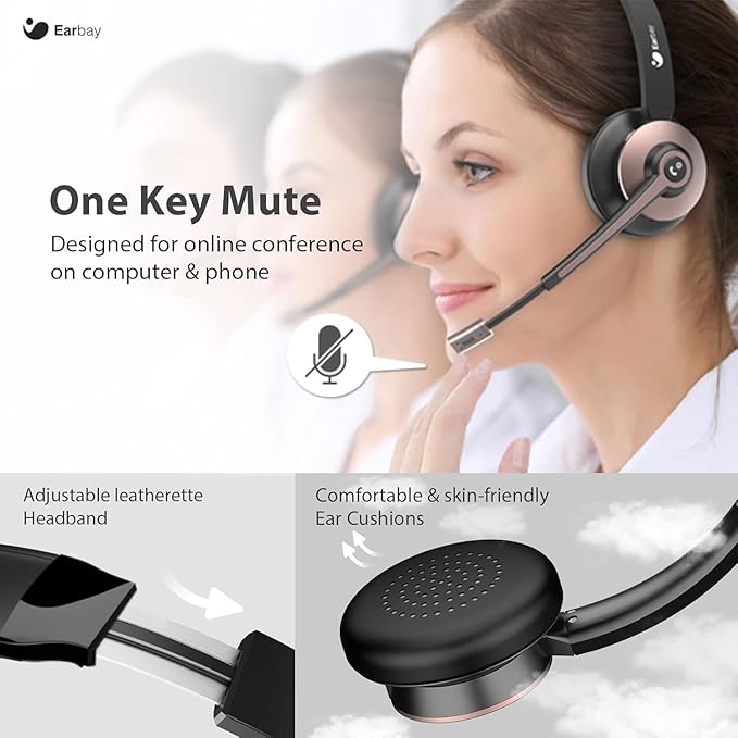 Earbay Wireless Headset - Bluetooth Headphones with Microphone Noise Canceling & Mute, Bluetooth Headset with USB Dongle/Charge Dock for PC Computer Cell Phone Work Office Meetings Call Teams