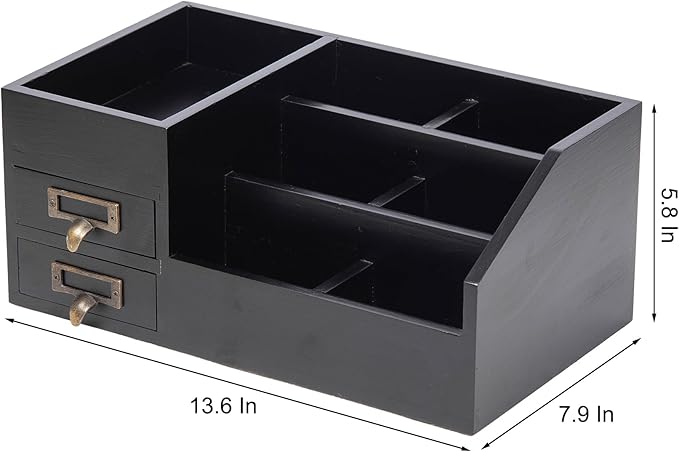 Distressed Rustic Wooden Office Desktop Organizer Wood Shelf Tabletop Home Organizer Storage with Multiple Compartments 2 Tier Drawers,perfect Jewelry storage Display Box for Desk, Vanity (Black)