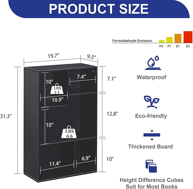 VECELO 31 Inch High Modern Kids Bookcase, 3-Tier Wide Bookshelves, 5 Cube Storage Organizer with Anti-tip Kit, Different Height Open Storage Fits Tallest Hardcovers, Easy to Install,Black
