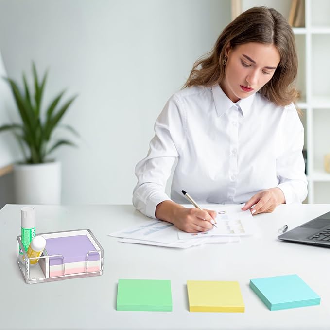 Sticky Note Holder with Pen Slot, Crystal Clear Acrylic Notepad Holder 3x3 in Self-Stick Note Dispenser Office Desk Accessories, Memo Pad Holder Organizer for Classroom School Supplies