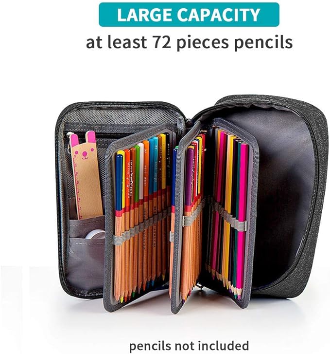 Large Capacity Pencil Case, 72 Slots Colored Pencil Pouch Bag Portable Pencil Holder Stationery Organizer with Compartments for Office and Travel, Black