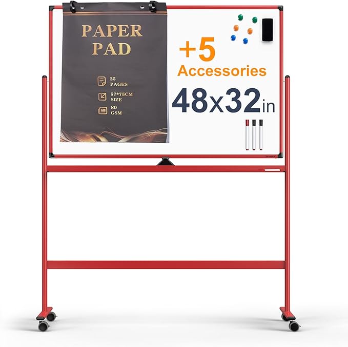 Large Dry-Erase Rolling Magnetic Whiteboard - 48 x 32 Inches Dry Erase Board with Stand Height Adjust Double Sides Mobile White Board Easel on Wheels with 25 Sheets Paper Pad Office, Home & Classroom