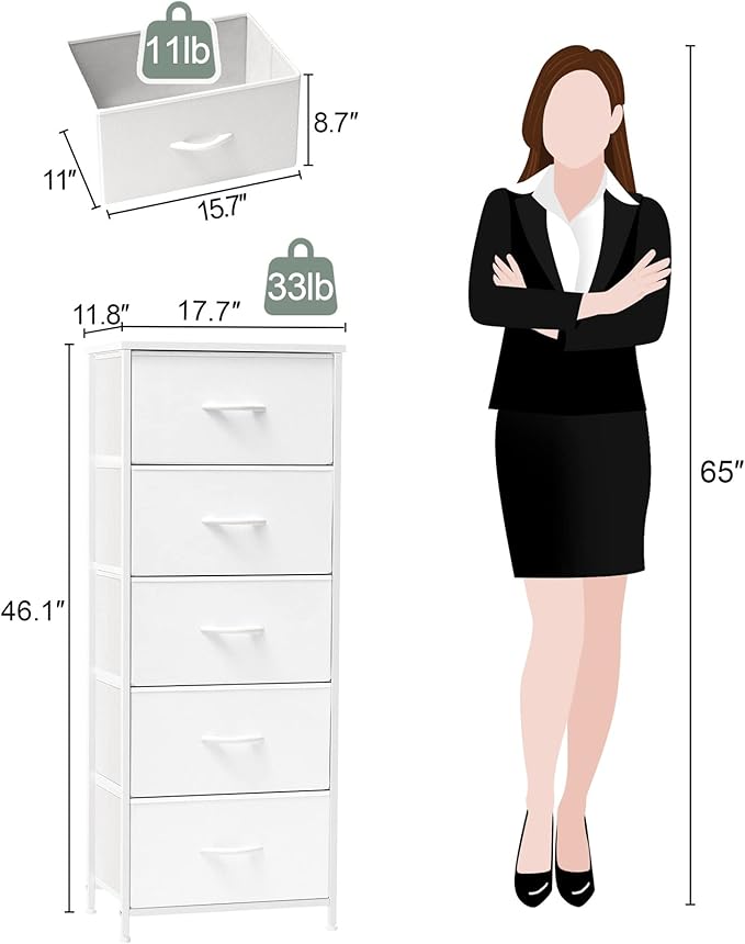 Crestlive Products Tall Dresser Vertical Storage Tower - Sturdy Steel Frame, Wood Top, Easy Pull Fabric Bins - Organizer Unit for Bedroom, Hallway, Entryway, Closets - 5 Drawers(White)