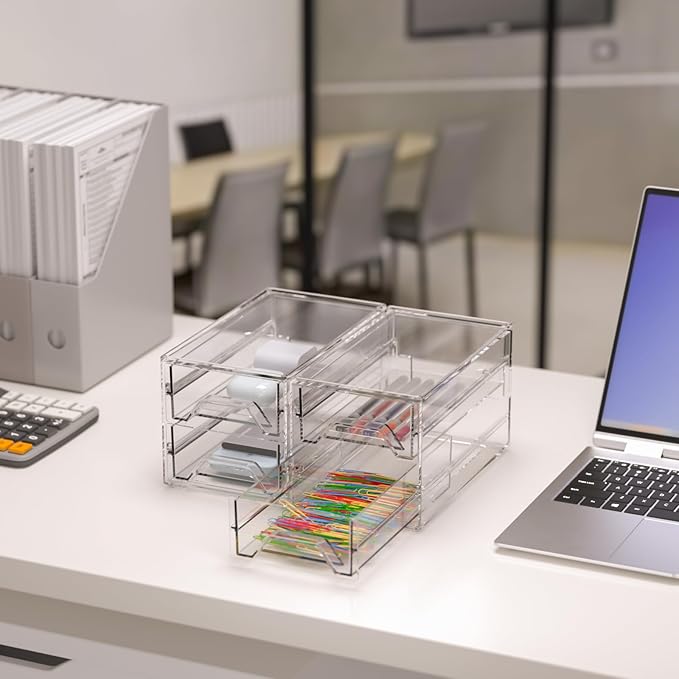Desk Organizer Drawer Office Storage: 4 Plastic Drawers Organizers for Small Accessories, Clear Box for Stationery Supplies Organization, Storage Acrylic Bins Holder for Classroom Table