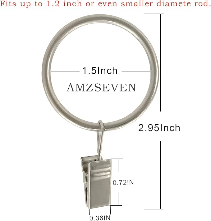 AMZSEVEN 40 Pack Metal Curtain Rings with Clips, Drapery Clips Hooks, Decorative Curtain Rod Clips 1.5 in Interior Diameter, Matte Silver