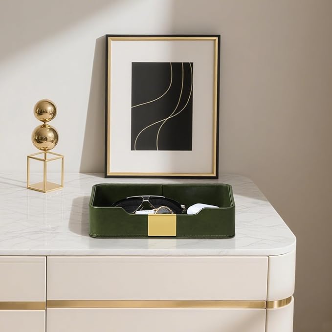 10.2" x 6.7" Nightstand Organizer Tray with Gold Accent, Decorative Valet Trays Cologne Organizer for Men, Key Bowl Perfume Trinket Tray for Dresser Bedside Entryway Table (Dark Green)